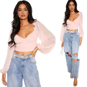 PrettyLittleThing Rose Dobby Mesh Cup Detail Long Sleeve Crop Top Womens 12 Pink